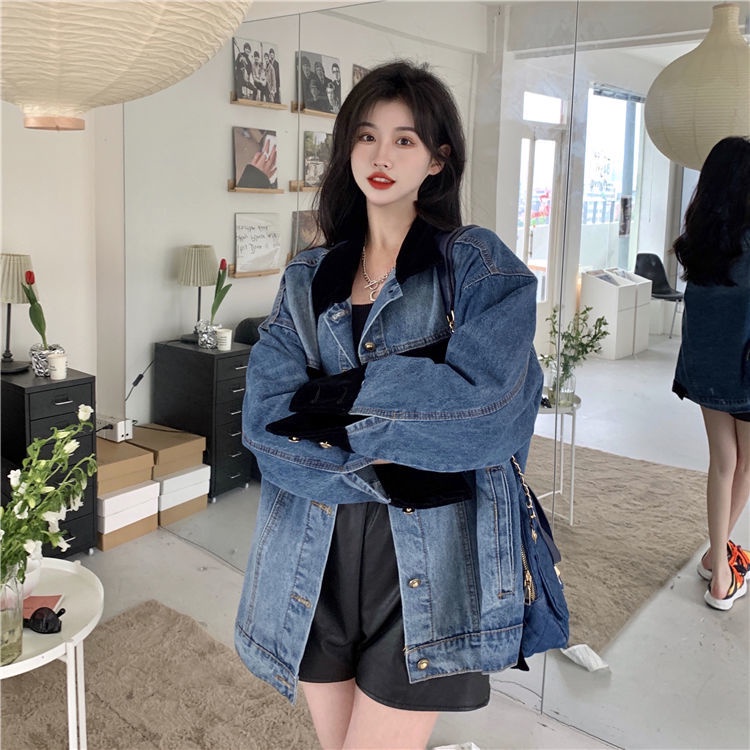 Áo Khoác Denim Tay Dài Dáng Rộng Phối Màu Tương Phản Phong Cách Hàn Quốc Thời Trang Mùa Xuân 2022 Mới Cho Nữ