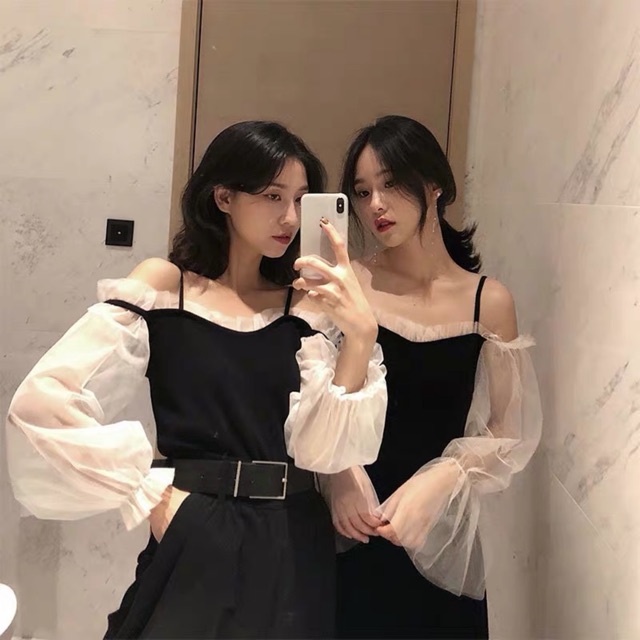 Đầm trễ vai hai dây tiểu tay bo thư sang chảnh ulzzang kèm ảnh thật👑 | BigBuy360 - bigbuy360.vn