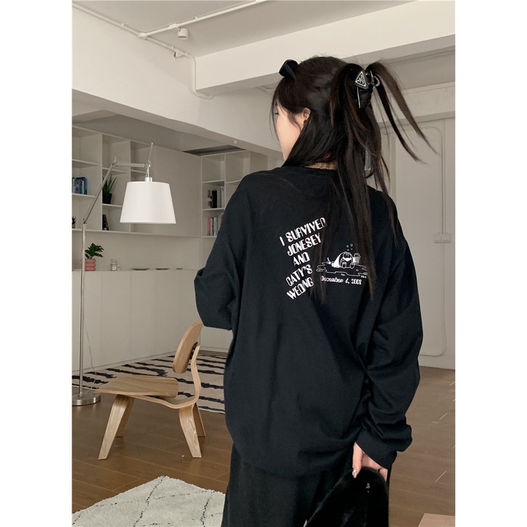 Áo thun tay dài dáng rộng màu đen in họa tiết chữ cái phía sau phong cách Mỹ harajuku thời trang mùa thu dành cho nữ