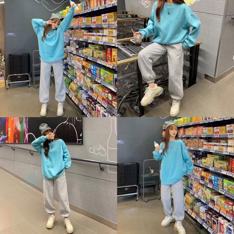 Sét Bộ Xám Chất Nỉ Dày Áo From Rộng oversize với Quần Nỉ Bom màu Xám Be phong cách Unisex