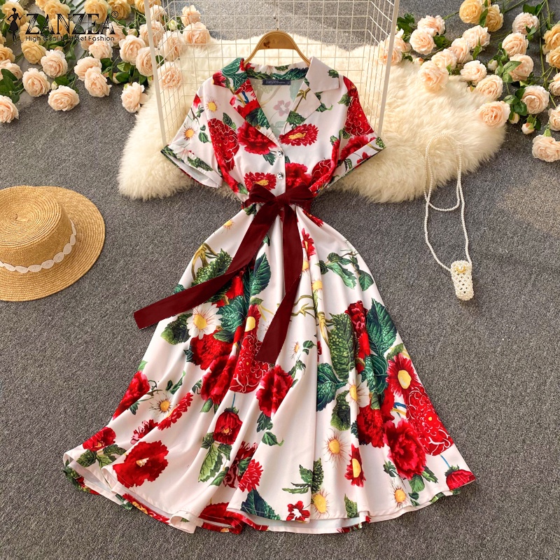 Đầm dài ZANZEA tay ngắn có nút cài phối thắt lưng thời trang cho nữ