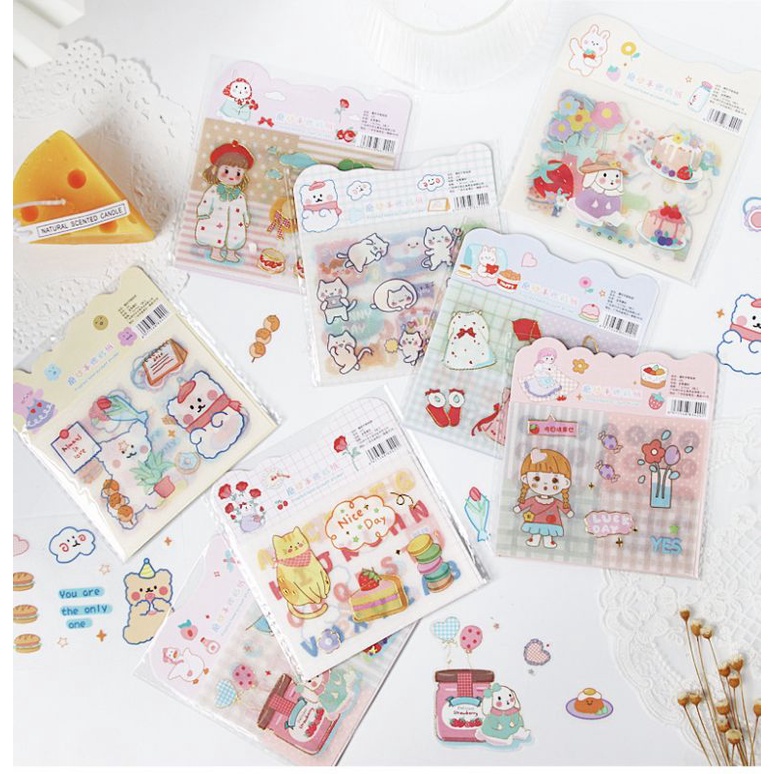 Sét 4 tờ #Sticker Hình Dán Hoạ Tiết Hoạt Hình Trang Trí Sổ Tay Chống Thấm