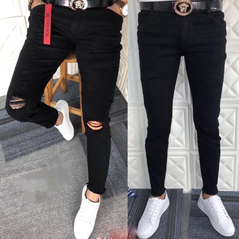 Quần Bò Đen Rách Gối Thời Trang Trẻ Trung Dáng Ôm Chất Mịn | BigBuy360 - bigbuy360.vn