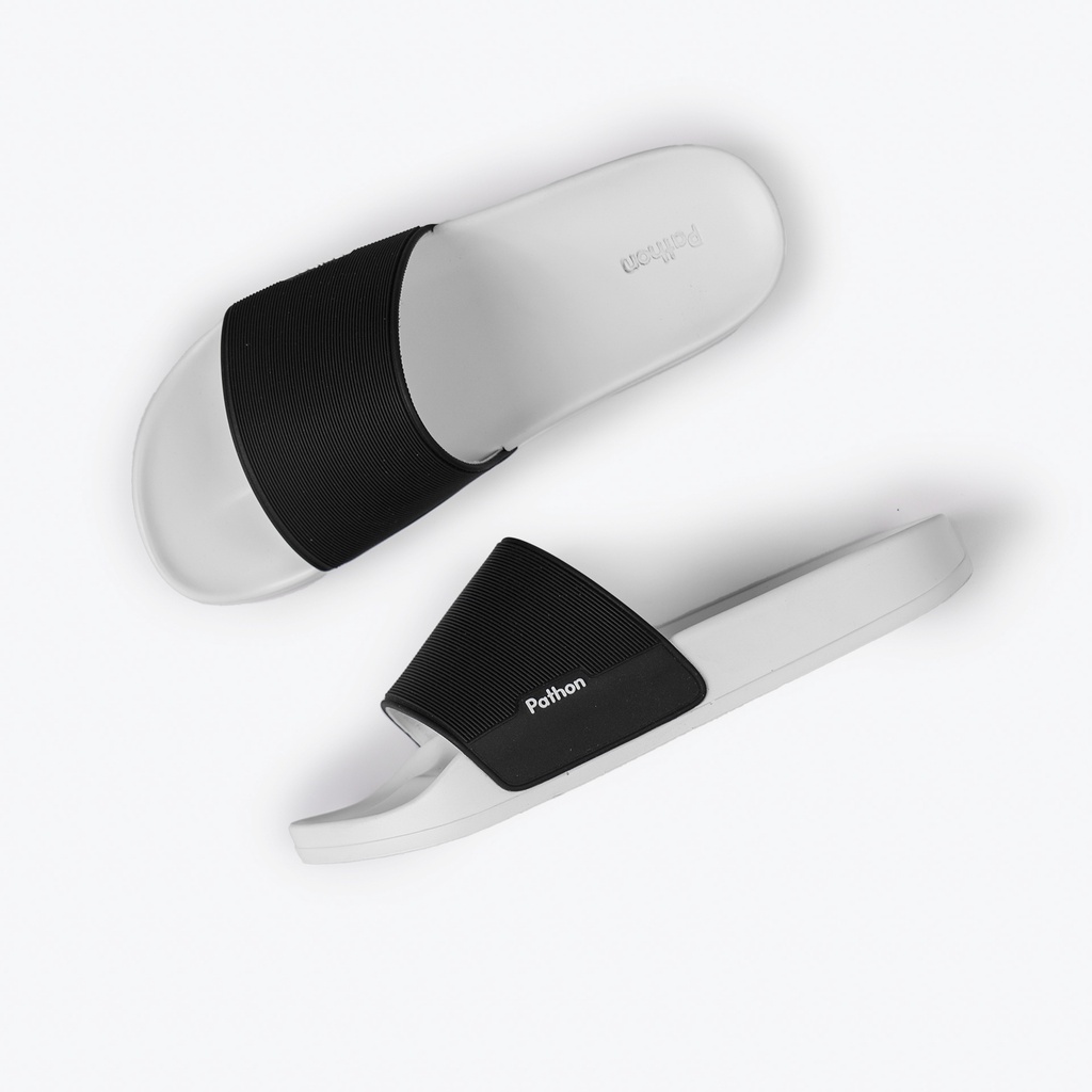 Dép nam nữ quai ngang slipper Pathon quai PVC và đế PU trắng quai đen Mẫu SD31
