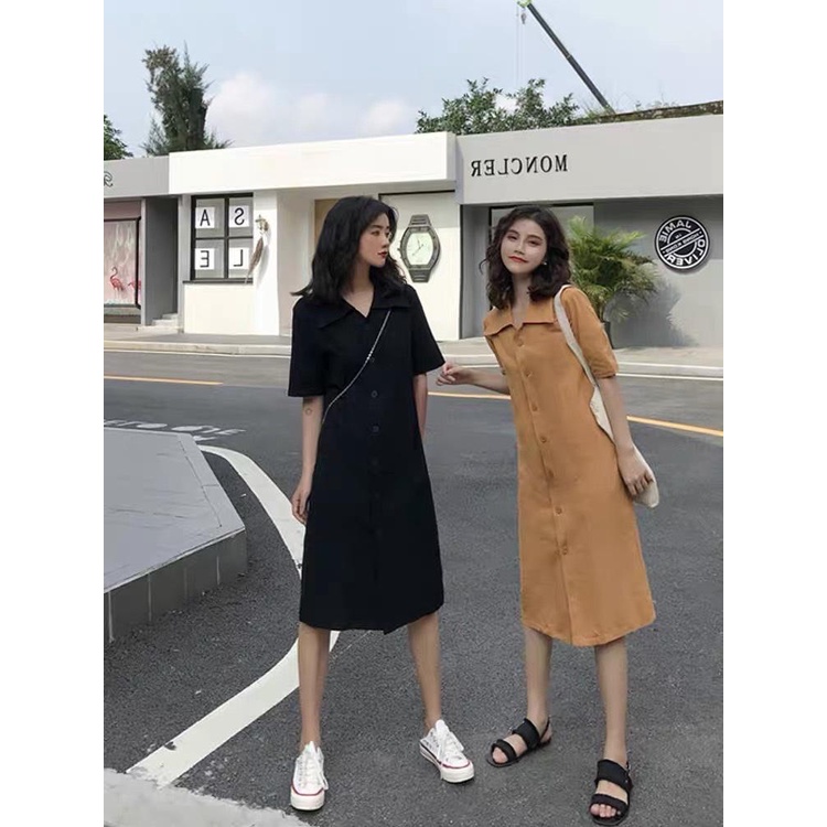 Váy sơ mi  thô 1789 dáng xuông trơn tay lỡ / Đầm sơ mi dáng vừa Nhung Nhớ A1151N