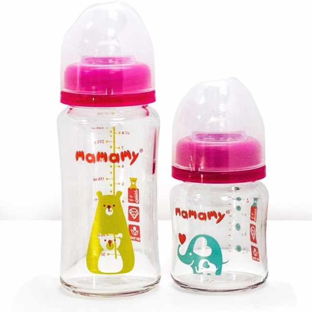 BÌNH SỮA THỦY TINH CỔ RỘNG CHỐNG SẶC VÀ ĐẦY HƠI MAMAMY 240ML