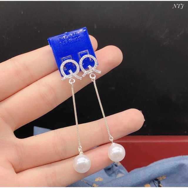 BÔNG TAI NỮ ĐÍNH TRAI DÁNG DÀI SANG CHẢNH - BÔNG TAI BẠC