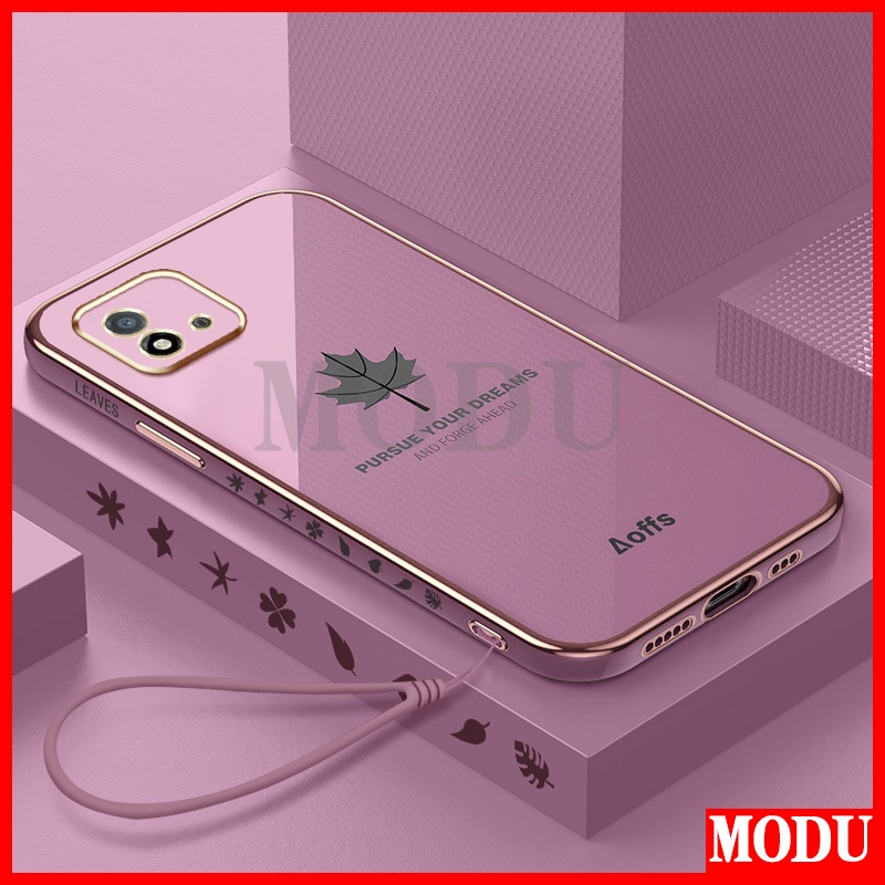 Ốp Điện Thoại Mềm Họa Tiết Lá Phong Dáng Vuông Mạ Màu Sang Trọng + Dây Đeo Cho OPPO A16K