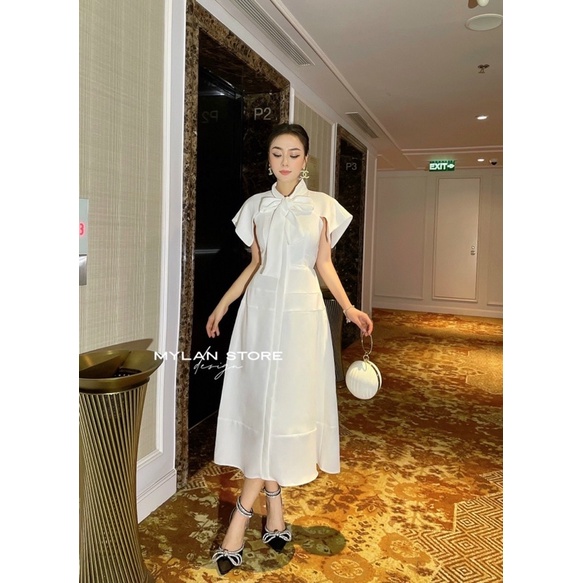 ĐẦM THIẾT KẾ MYLAN STORE TRẮNG PHỐI NƠ CHẤT TICI ZENGA CAO CẤP