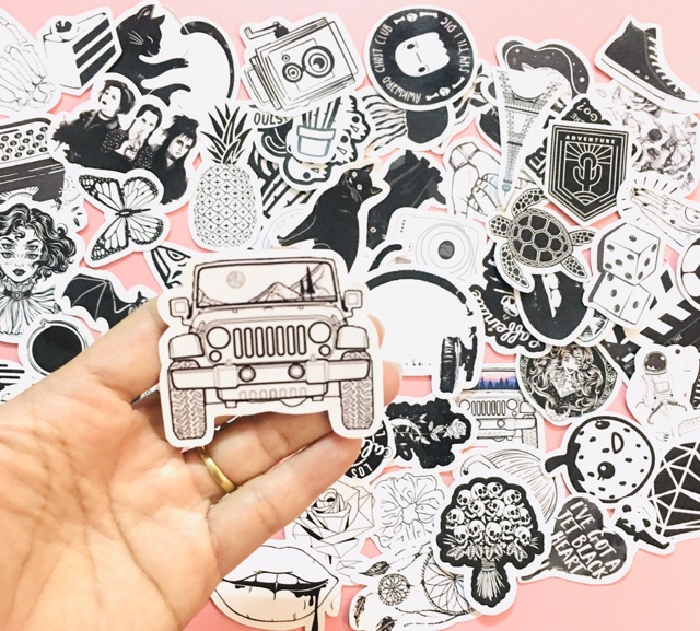 Sét 30-50 cái Sticker đen trắng black white ép lụa đề can bóc dán
