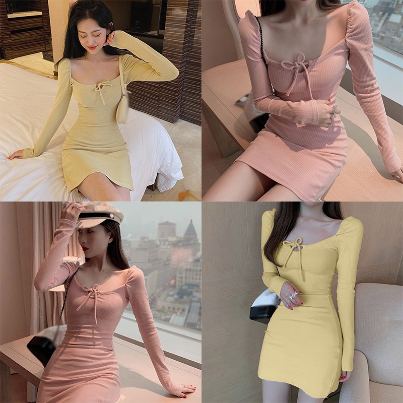 Đầm Tay Dài Cổ Vuông Dáng Ôm Màu Trơn Thời Trang Cho Nữ