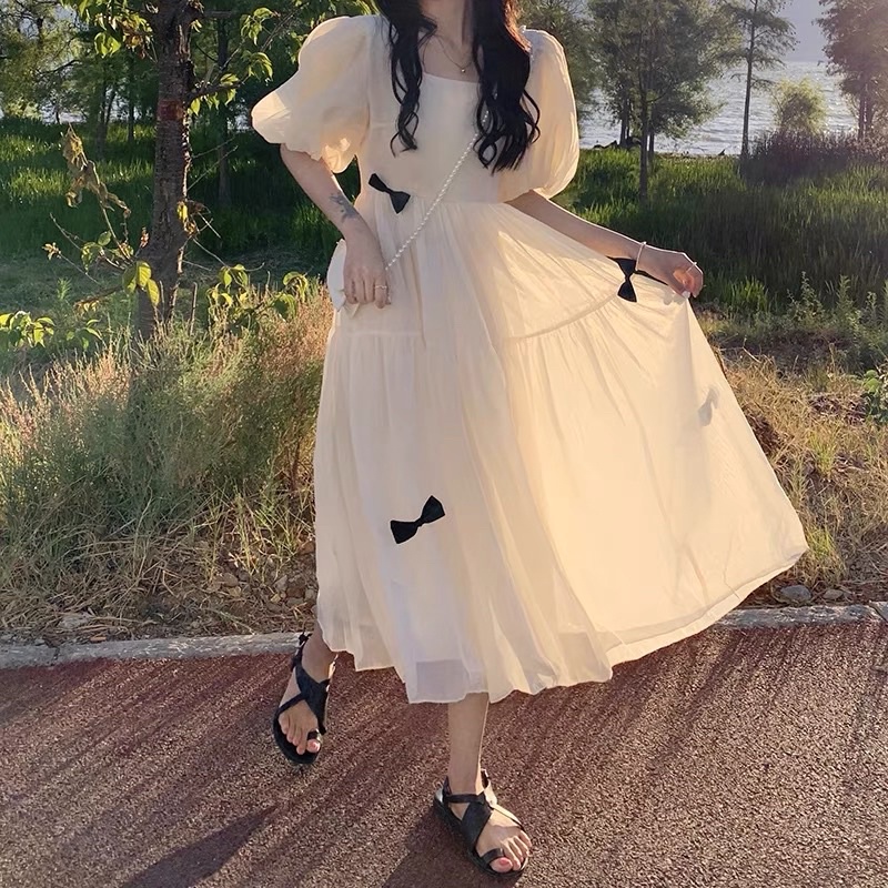 Đầm Babydoll Maxi Đính Nơ Ngắn Tay Dễ Thương