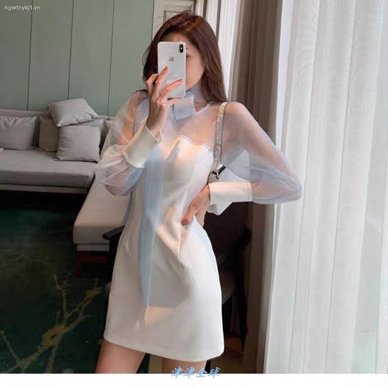 ✺♦Palace style chiffon stitching bowknot puff sleeve dress sweet temperament slim white summer base skirt