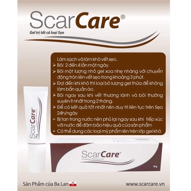 Gel bôi sẹo scarcare 10g (Ba Lan) sau phẫu thuật, sau chấn thương,do bỏng,do mụn,sẹo phì đại,sẹo lồi,rạn da,xoá hình xăm