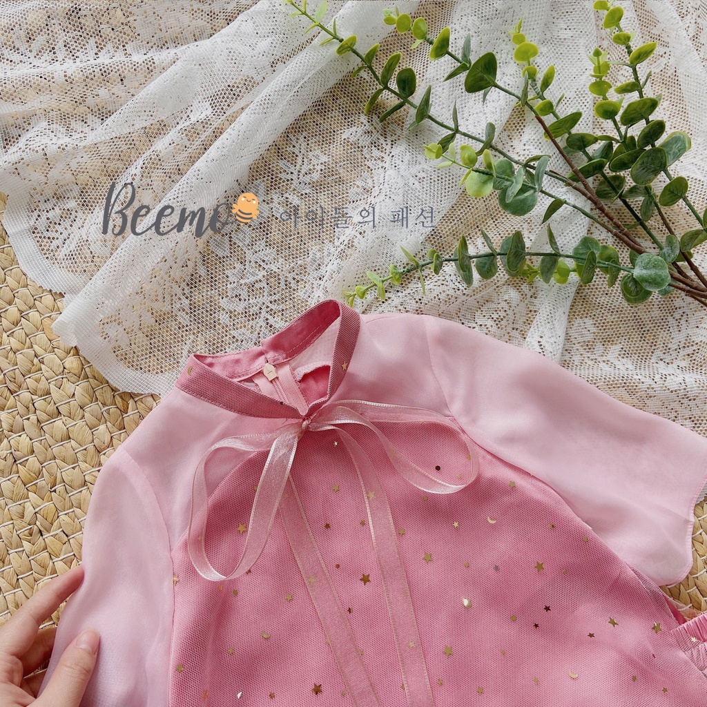 Set bộ áo dài Beemo chất lụa mềm mại kèm ren lưới họa tiết sao lấp lánh cho bé gái từ 1 đến 6 tuổi - 21D059