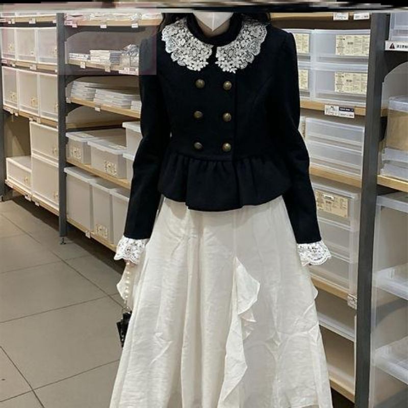 Set Dạ Áo Khoác Viền Cổ Ren Kèm Chân Váy Voan Bèo Phong Cách Hàn Quốc  ❤️