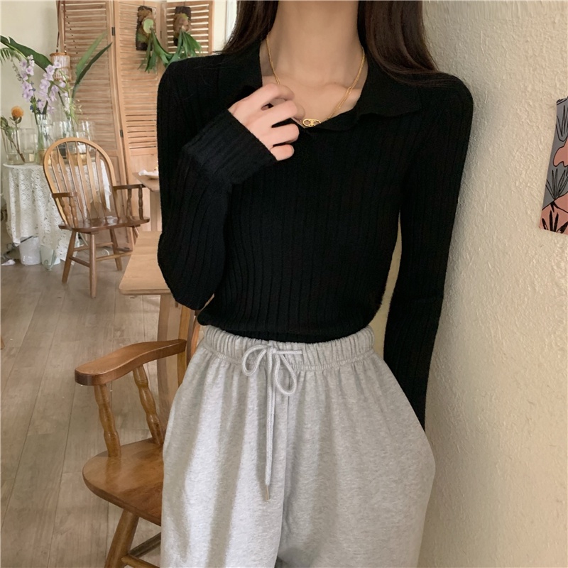 Áo dệt kim ZHELIHANGFEI cổ polo tay dài ôm dáng xinh xắn cho nữ