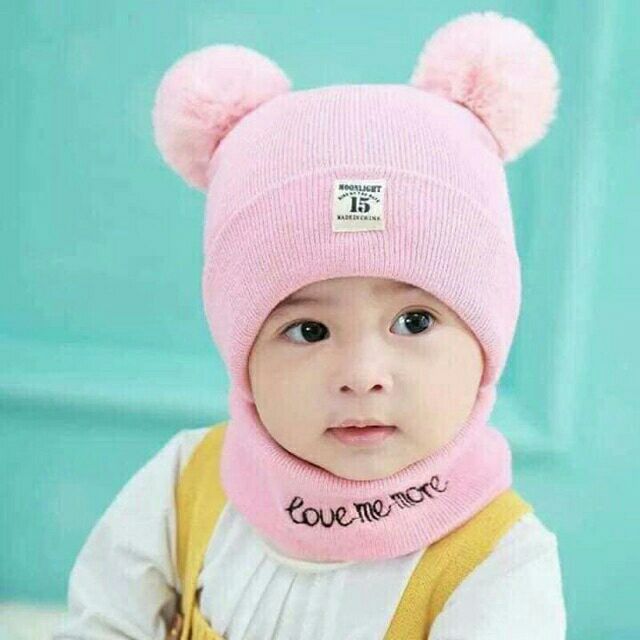 Sét mũ kèm khăn ống len quả bông cho bé