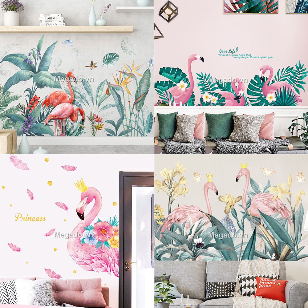 Decal dán tường hồng hạc và lá xanh BL0010