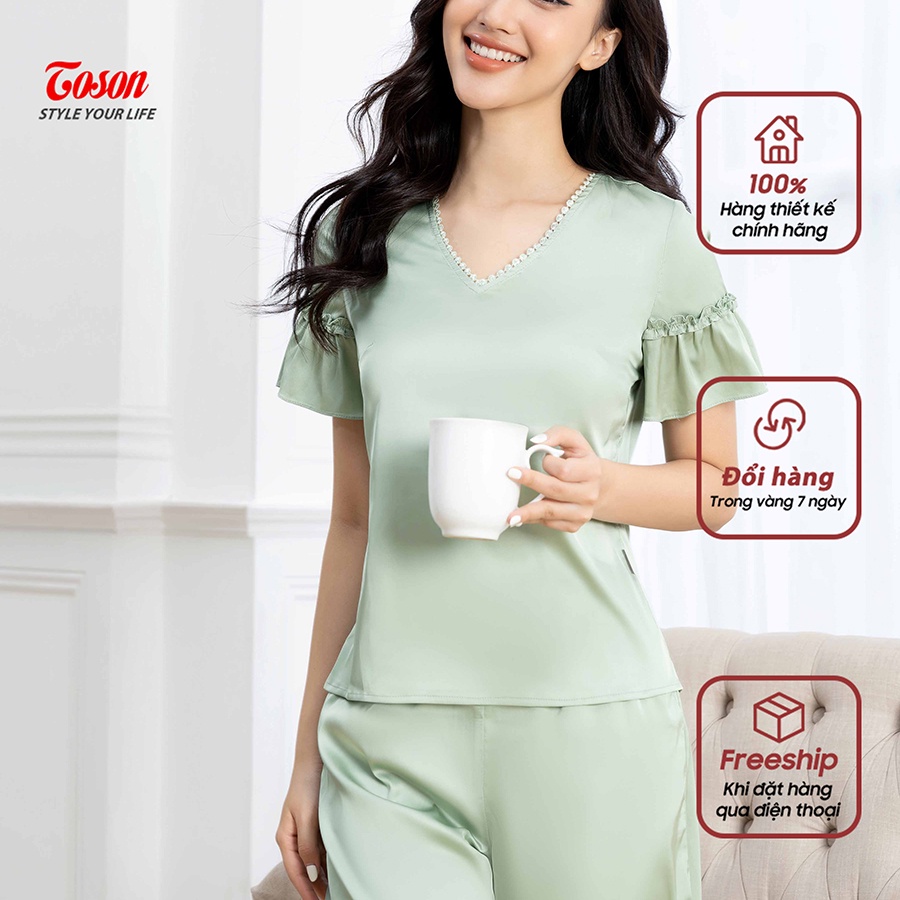 Bộ đồ măc nhà lụa : áo cổ V phối ren tay nhún bèo+ Quần sooc -MN001P51- TOSON