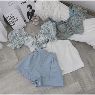 Set croptop hoa cúp ngực đan dây+ short
