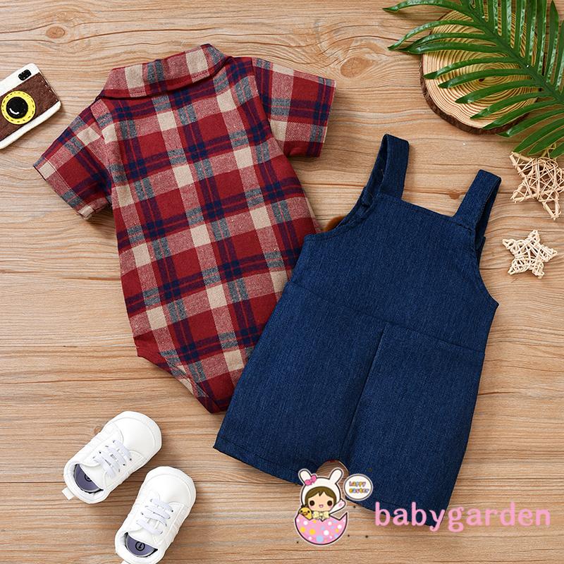 Bộ 2 Món Áo Liền Quần Đáy Thụng In Họa Tiết Kẻ Ô + Quần Yếm Cho Bé 0-18 Tháng Tuổi