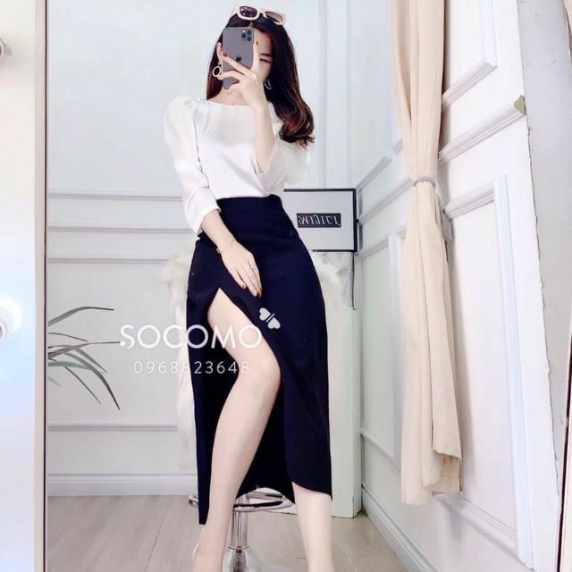 Sét áo trắng tay lỡ váy voan xẻ tà