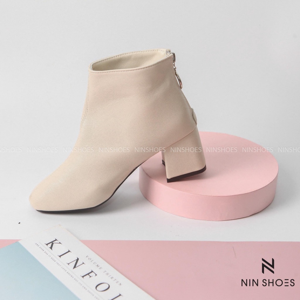 Giày boot da mịn gót vuông kéo khóa 5 phân dáng basic Ninshoes | BigBuy360 - bigbuy360.vn
