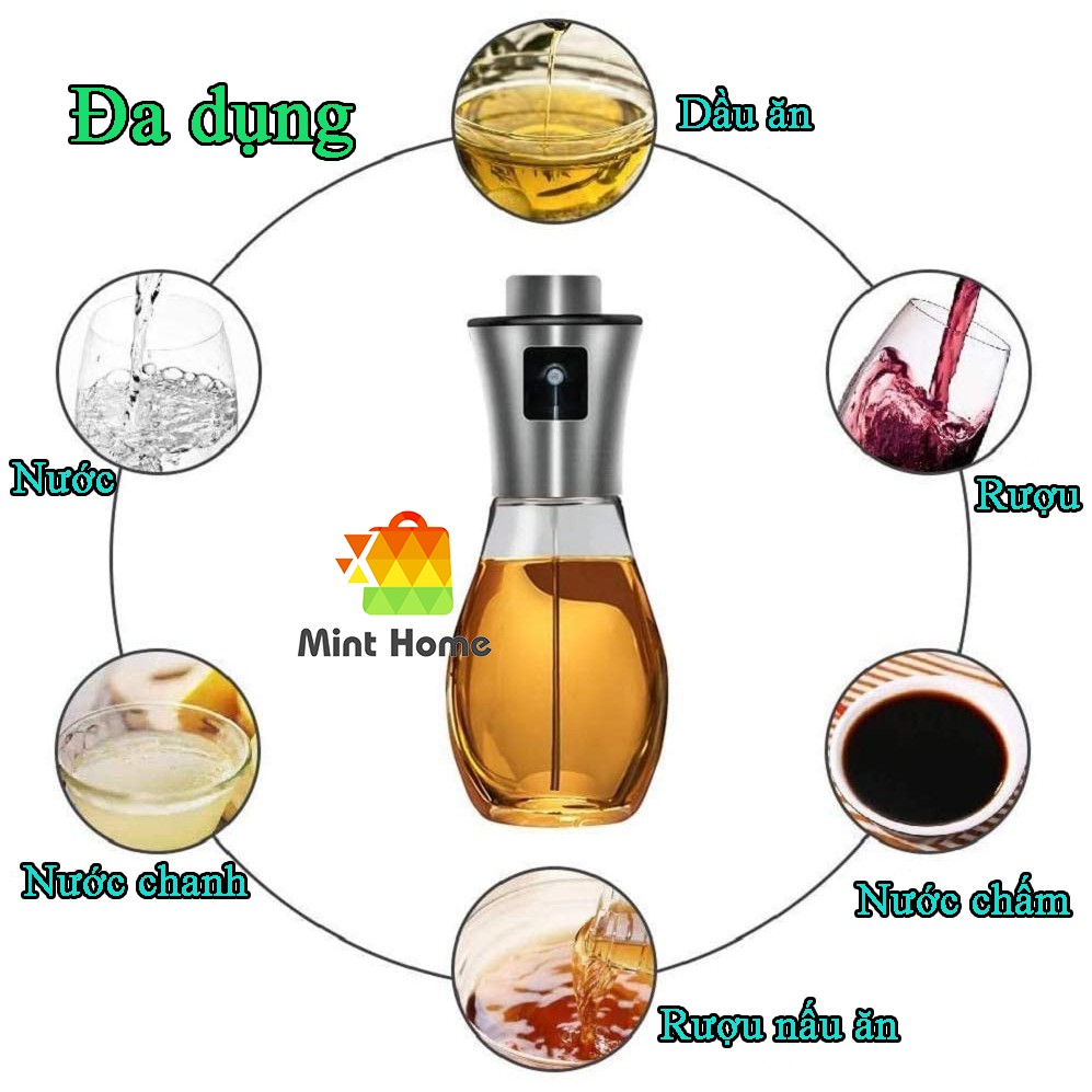 [Tặng Phễu &amp; Chổi] Bình xịt dầu ăn kiêng 200ml, chai xịt phun sương thủy tinh nắp inox phụ kiện nồi chiên không dầu NCKD