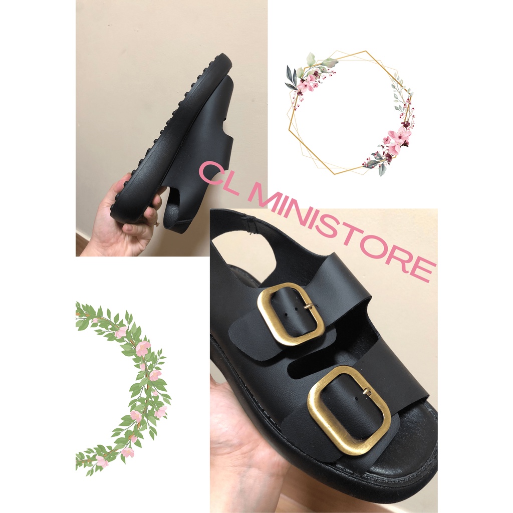 Giày sandal quai ngang màu đen vintage phong cách hàn quốc basic đơn giản hack dáng