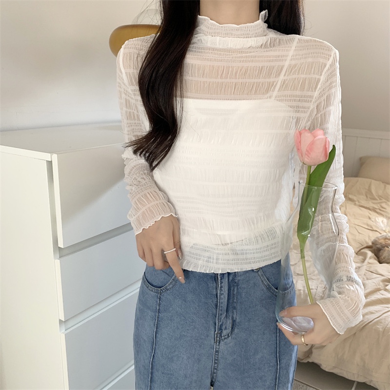 NZN Phong Cách Mới Nửa Cổ Cao Thêu Hoa Tinh Tế Bên Trong Áo Sơ Mi Ren Siêu Cổ Tích Gạc Đế