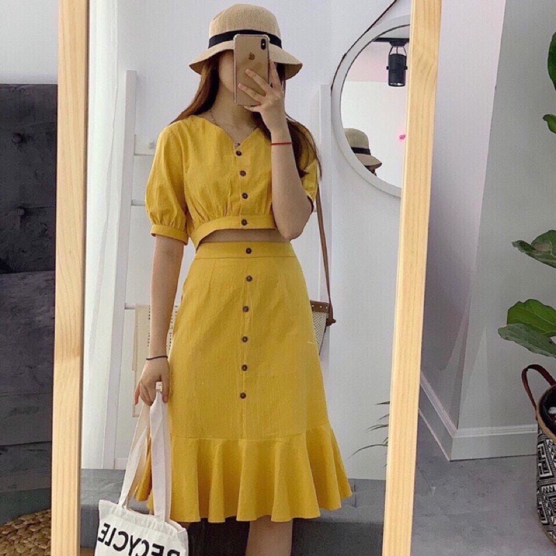 SET BỘ VÁY DÀI ĐI CHƠI HỞ BỤNG ÁO NGẮN TAY ĐÍNH NÚT DUTIEC14