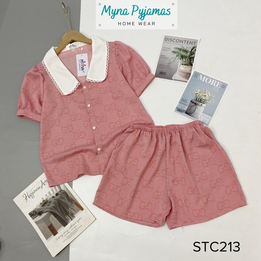 Bộ pyjama lụa cộc đùi nữ cổ viền ren tiểu thư - MYNA PYJAMAS