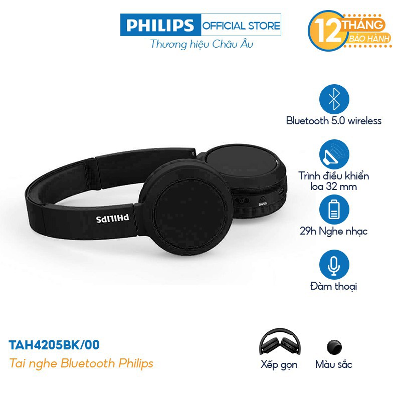 Tai nghe Philips Bluetooth TAH4205BK/00 - Màu đen - Hàng Chính Hãng