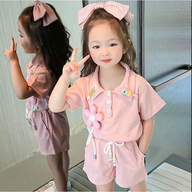 Bộ Trang Phục Hai Mảnh Áo Thun POLO Tay Ngắn Thời Trang Mùa Hè 2022 Dành Cho Bé Gái
