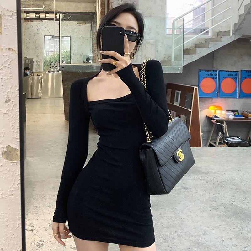 COZOKC COZOK Đầm tay dài cổ vuông màu sắc thanh lịch