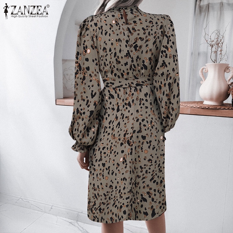 Đầm ZANZEA cổ tròn họa tiết da báo phối dây cột ôm dáng thời trang vintage dành cho nữ