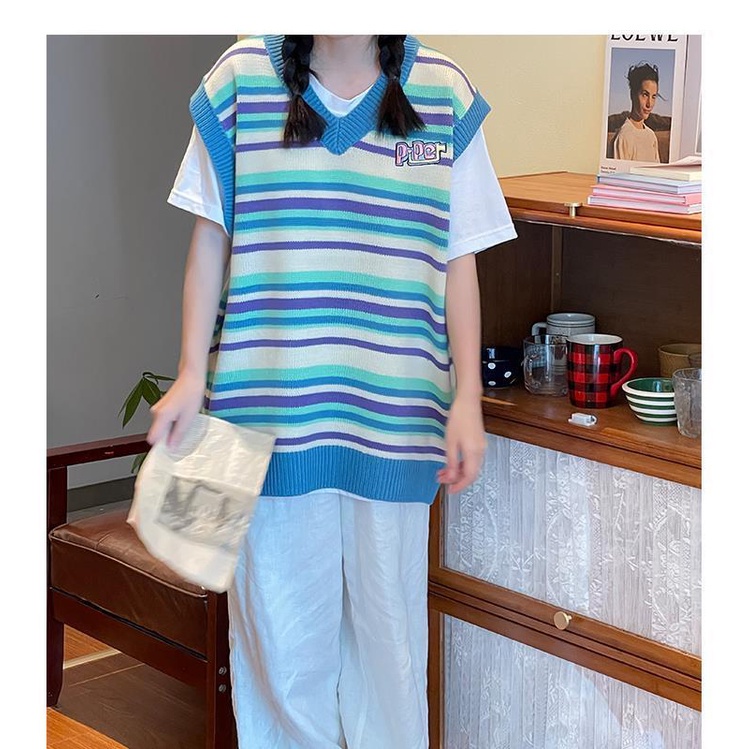 MỚI Áo dệt kim sát nách cổ chữ V họa tiết kẻ sọc phong cách Nhật Bản cho nữ