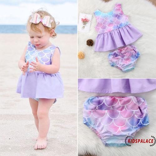 Set Áo Hở Lưng + Quần Short In Hình Nàng Tiên Cá Dễ Thương Cho Bé Gái