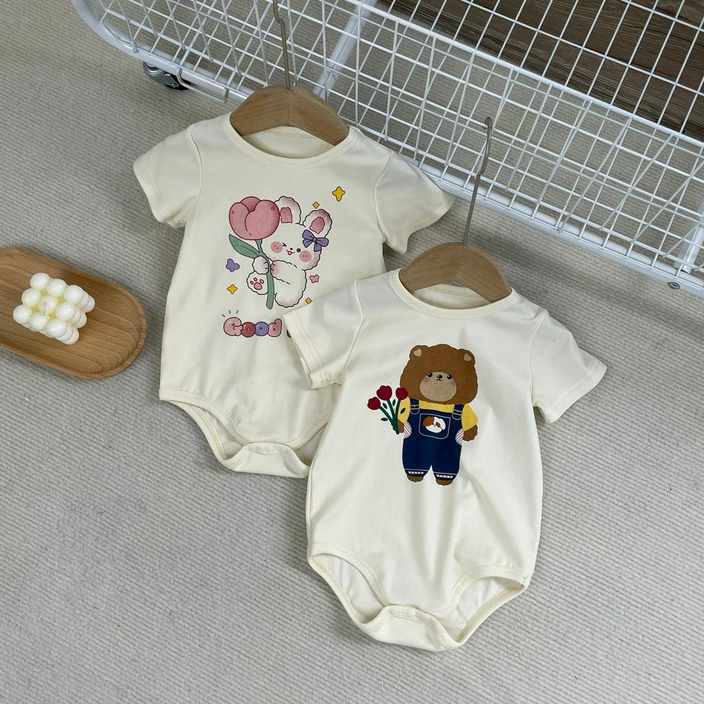 Bộ Áo Liền Quần Tay Ngắn In Hình Gấu Hoạt Hình Dễ Thương Thoải Mái Thời Trang Mùa Hè Cho Bé Trai Và Gái