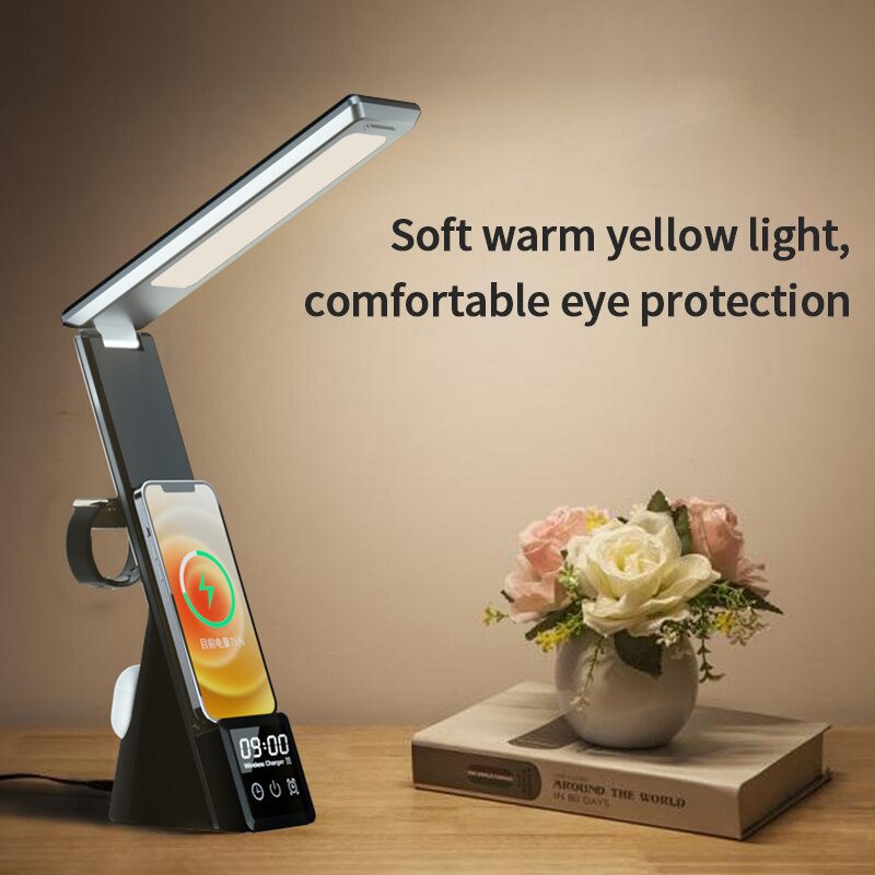Đèn học sinh để bàn Led bảo vệ mắt chống cận kiêm sạc không dây và đồng hồ