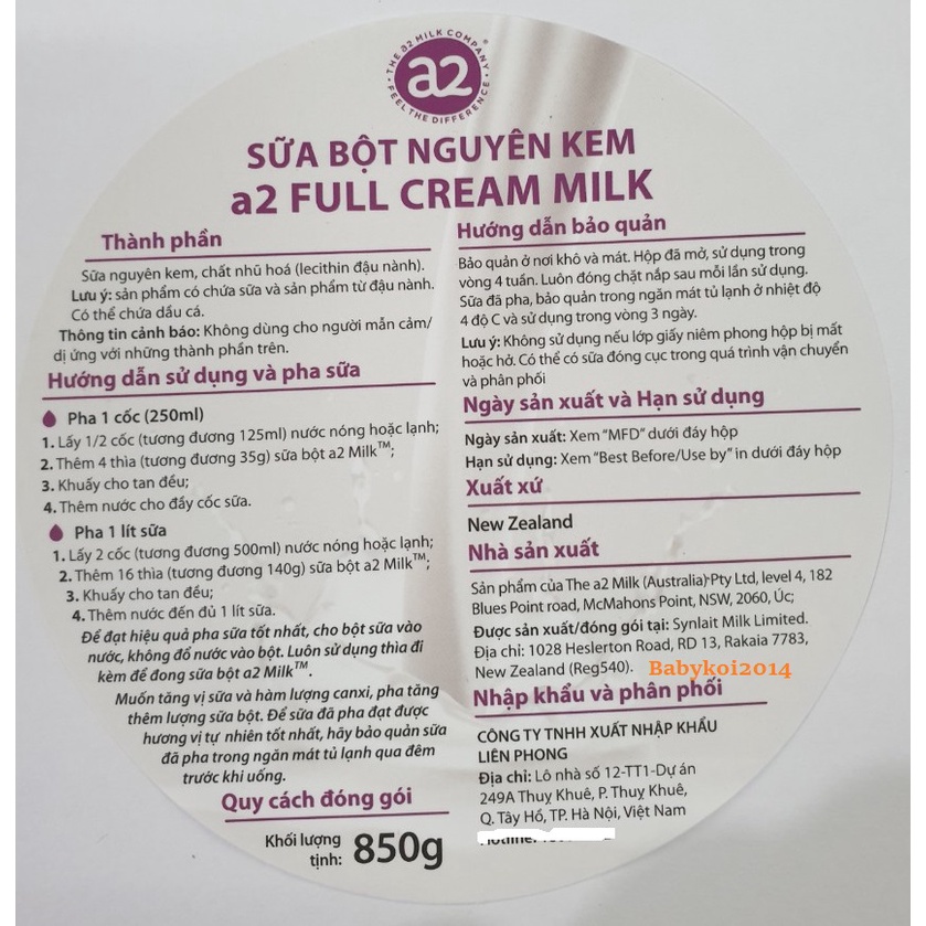 Sữa tươi A2 nguyên kem nội địa Úc túi 1kg (date: 2022)