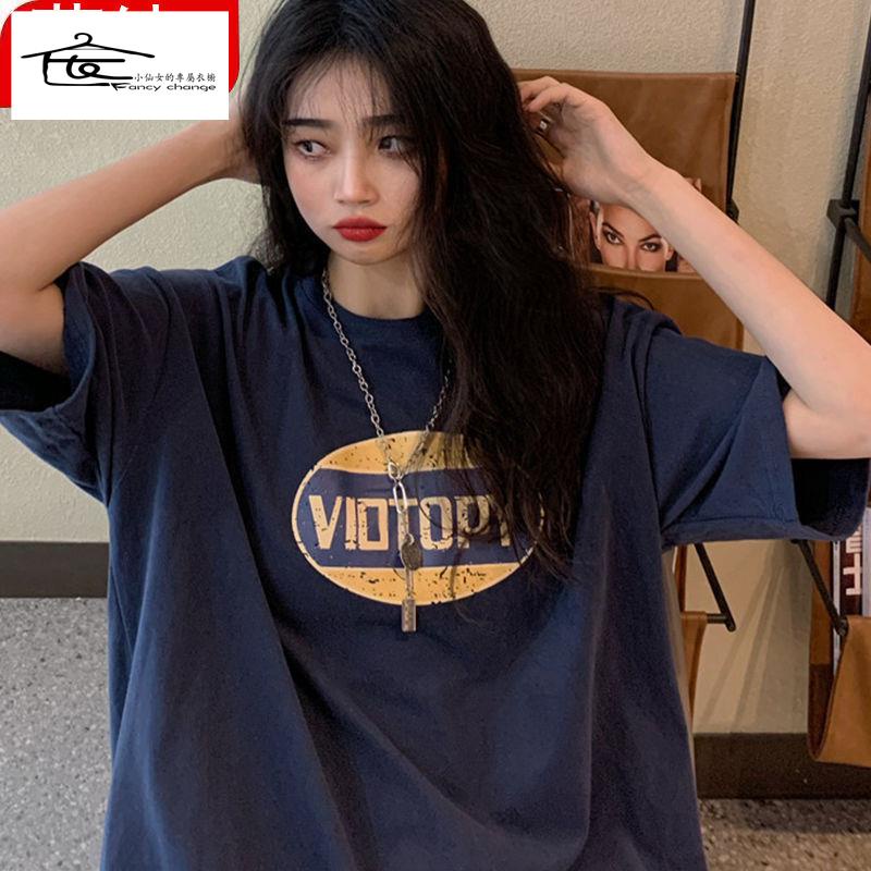 Áo Thun 100% Cotton Nguyên Chất Tay Ngắn Dáng Rộng Phong Cách Retro Hồng Kông Cho Nữ