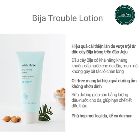 [Mã COSIF05 giảm 10% đơn 400K] Sữa dưỡng dành cho da mụn Innisfree Bija Trouble Lotion 100ml