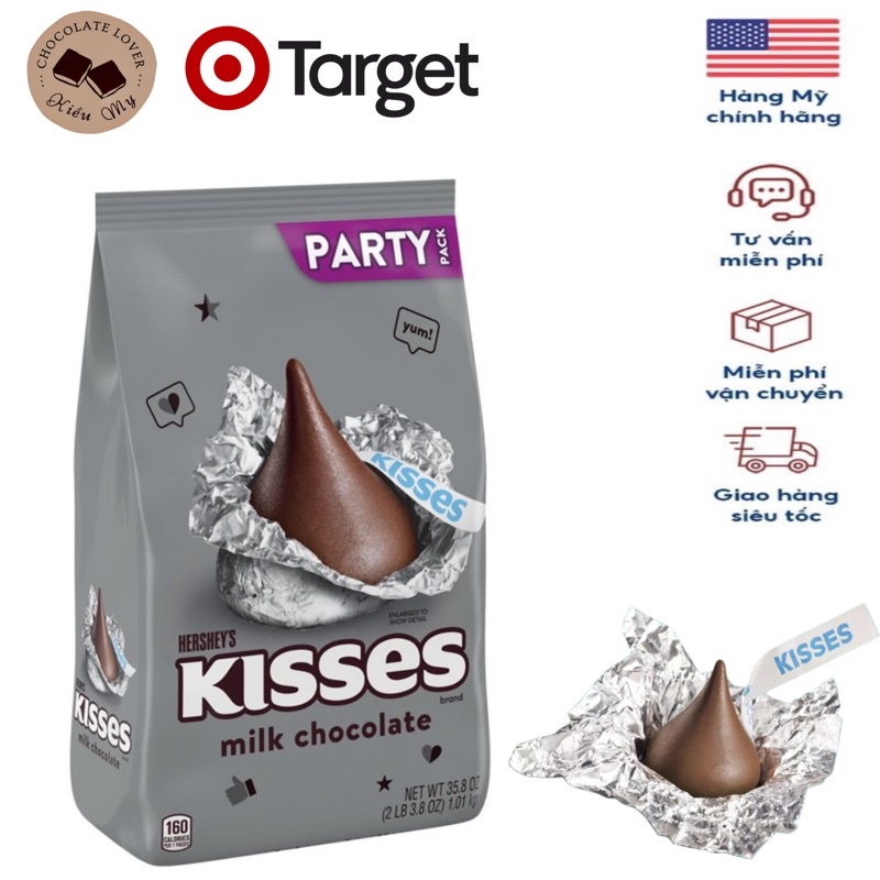 Hàng Mỹ bay Air Kẹo Socola Mỹ Sữa Núm Vú Hershey s Kisses Milk Túi 1.01kg