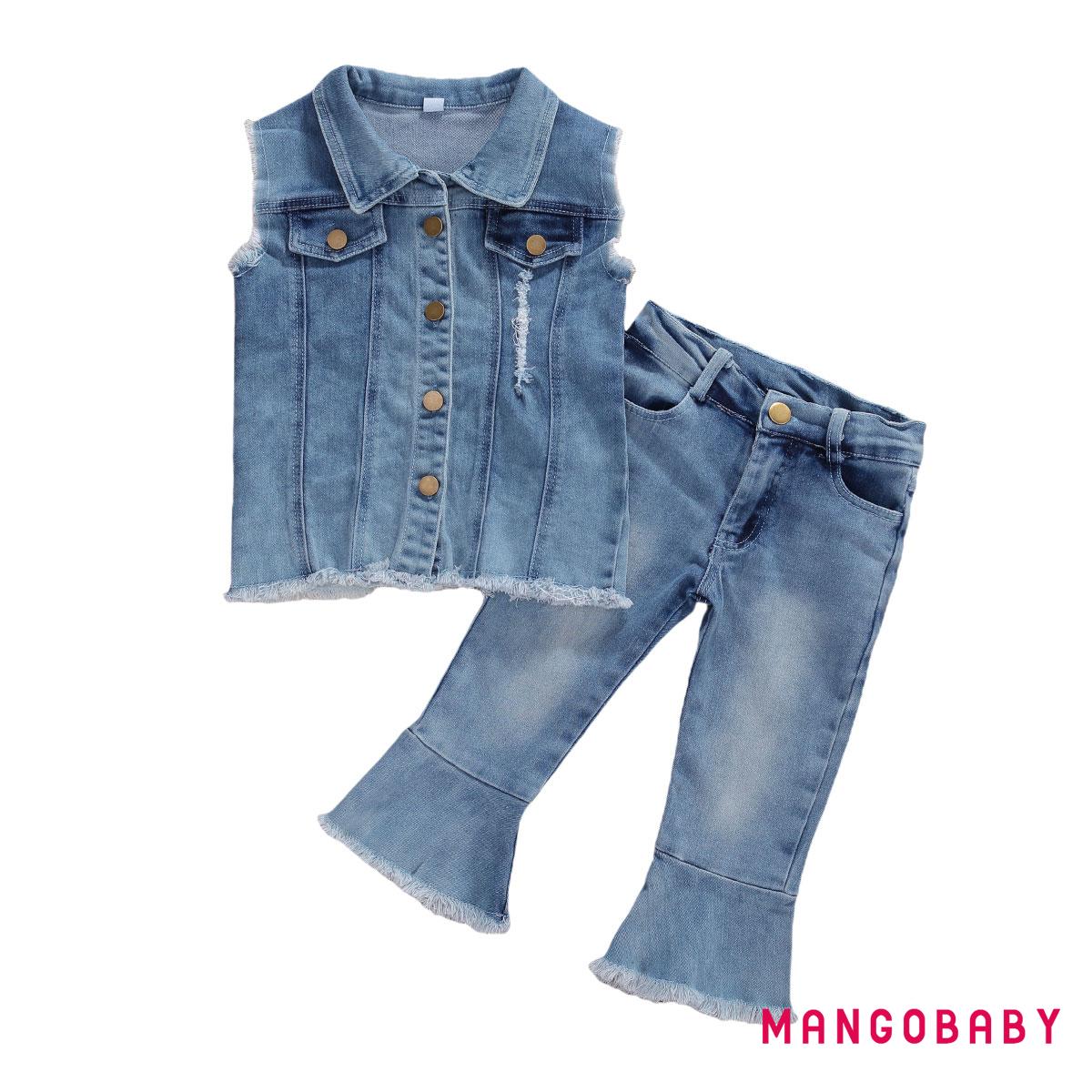 Set Áo Sơ Mi Denim + Quần Dài Ống Loe Thời Trang Cho Bé Gái