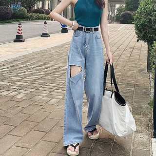 Quần jeans nữ ống rộng rách gối thời trang Hàn Quốc cá tính