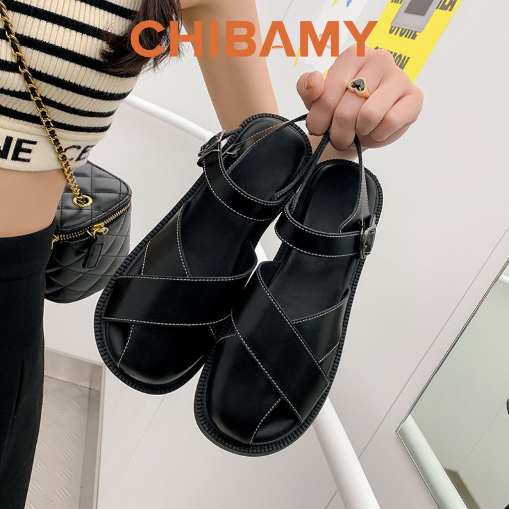 Dép sandal Rọ nữ 2 NAN Chéo bản to CHIBAMY chất da mềm đế 3cm