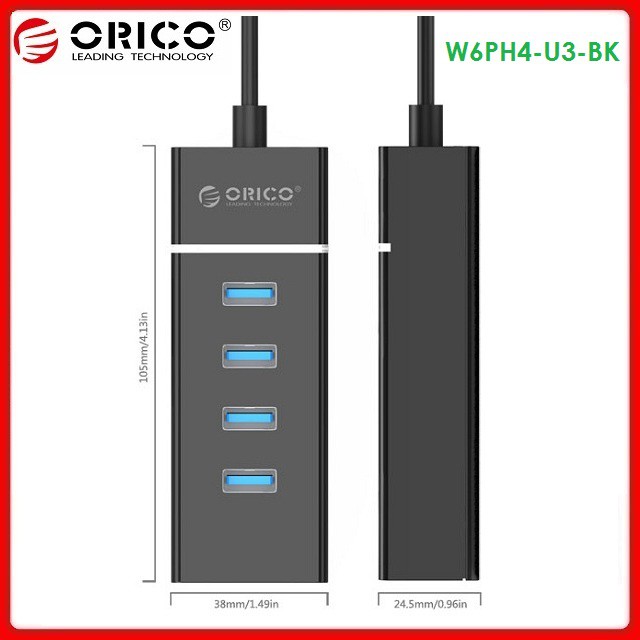 Bộ chia USB Orico W6PH4-U3-BK Hub 4 cổng USB 3.0 Màu đen - Hàng chính hãng BH 12 Tháng Viscom