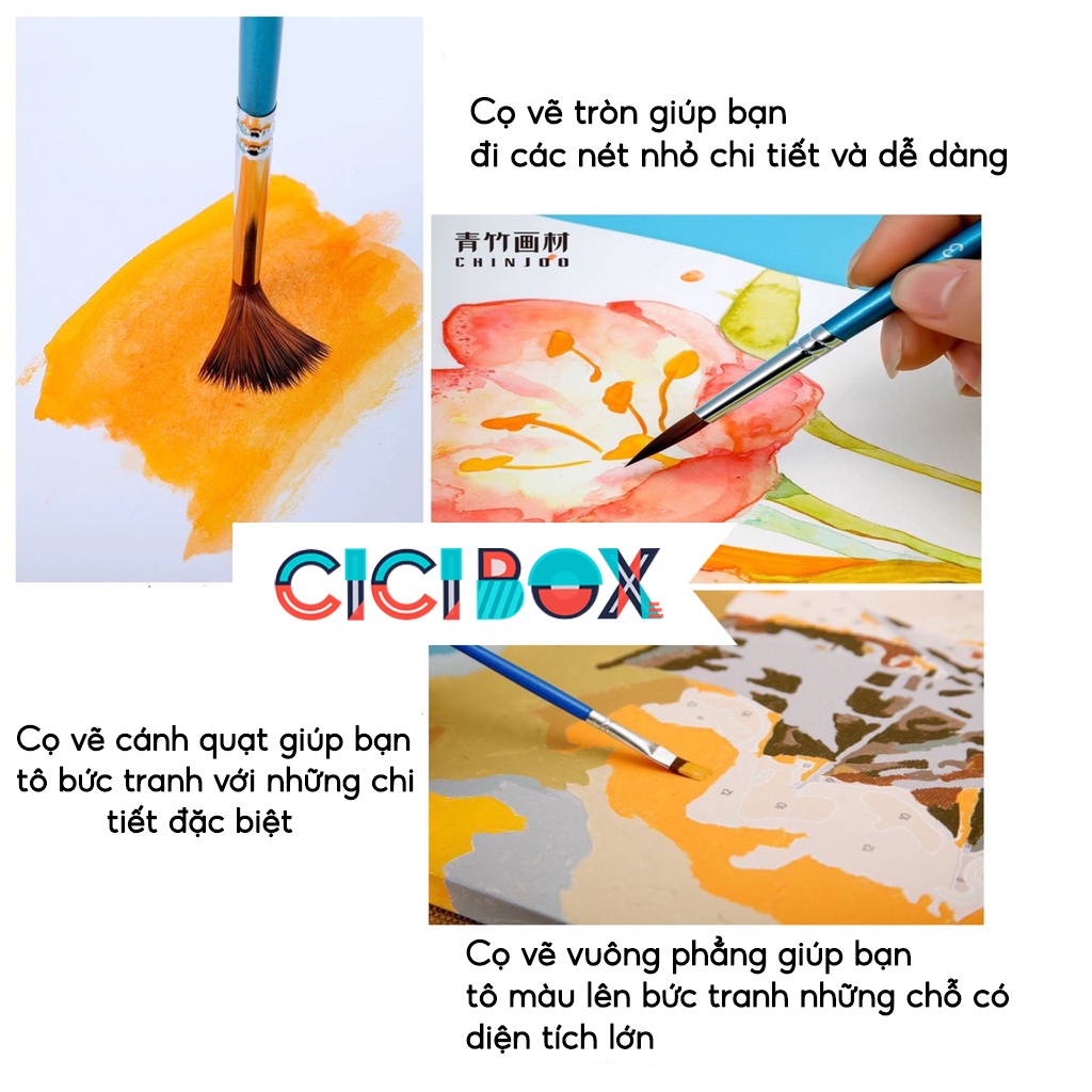 Bộ cọ 12 chiếc vẽ màu nước sơn dầu tranh tường số hoá, Cọ vẽ màu nước chuyên nghiệp tiện dụng CICIBOX